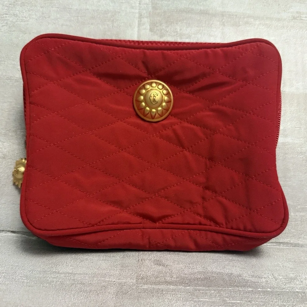 Vintage Cacharel Cosmetic Pouch Makeup Bag Red Quilted Gold‎ Sun Button & Zipper